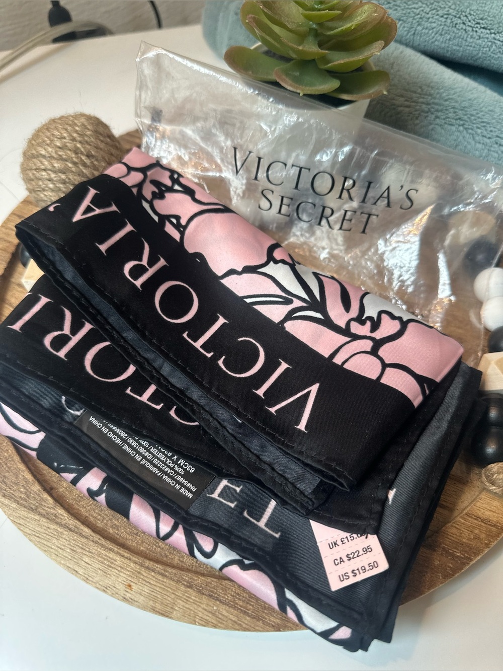 NWT Victoria's Secret Bombshell Pink & Black Floral Satin Scarf